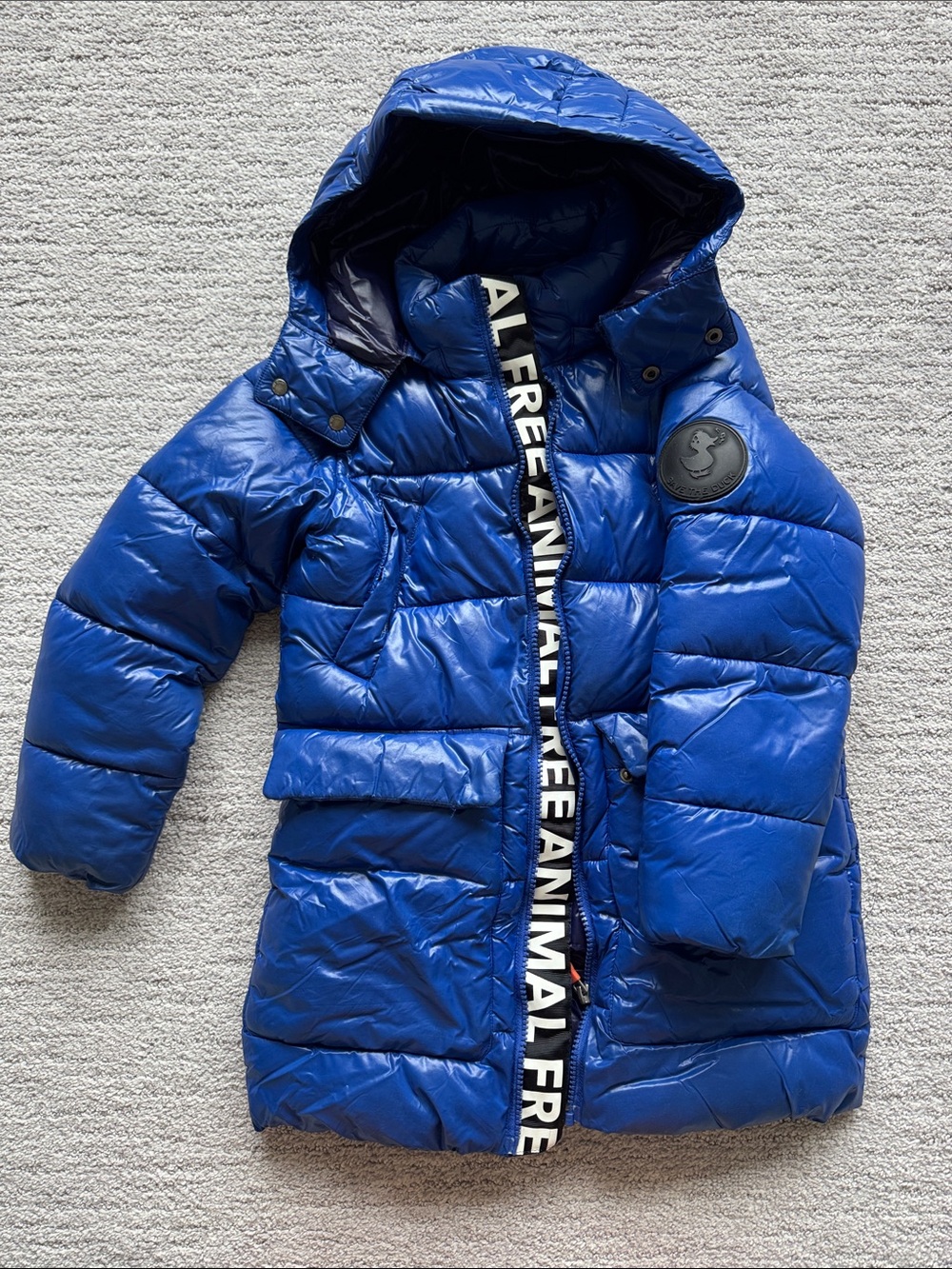 Blue Hooded Puffer Coat with Logo Patch
